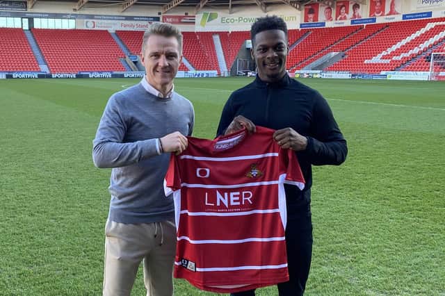 Doncaster Rovers boss Gary McSheffrey with new signing Kieran Agard. Picture: Doncaster Rovers