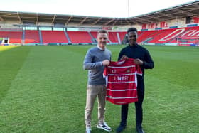 New Doncaster Rovers signing Kieran Agard (right), with manager Gary McSheffrey (left). Picture courtesy of DRFC.