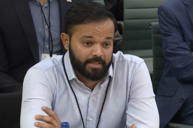 Screen grab from Parliament TV of former cricketer Azeem Rafiq giving evidence at the inquiry into racism he suffered at Yorkshire County Cricket Club, at the Digital, Culture, Media and Sport (DCMS) committee on sport governance at Portcullis House in London.