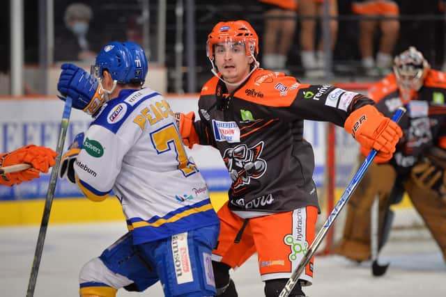 Brandon Whistle - on the day his dad Dave parted ways with NIHL National Leeds Knights - impressed during Sheffield Steelers' 5-1 Challenge Cup quarter-final first leg win over Fife Flyers at the Utilita Arena. Picture: Dean Woolley.