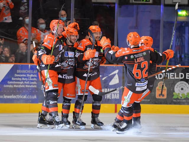 Sheffield Steelers' celebrate during their 5-1 win over Fife Flyers on Wednesday night. Picture: Dean Woolley.