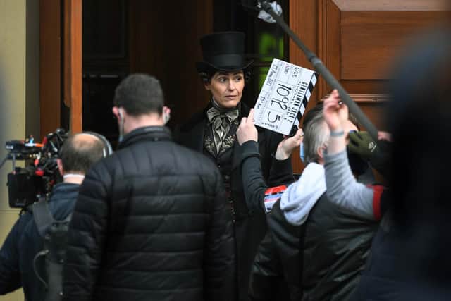 Suranne Jones, who plays Anne Lister in the BBC series Gentleman Jack, during filming at Salts Mill in Saltaire.
