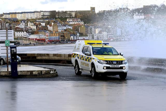 Waves crash over South Bay near The Spa in Scarborough as the Coastguard patrols the area. Image: Richard Ponter.