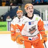 SWEETEST FEELING: Sheffield Steelers' defeneman Sam Jones celebrates his first goal of the season in the 2-1 win at Coventry. Picture: Scott Wiggins/EIHL.
