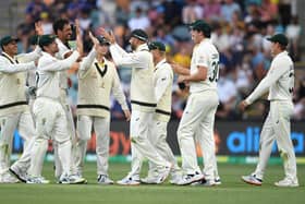 Australia's Nathan Lyon celebrates with team mates after catching out England's Ben Stokes during day two of the fifth Ashes test at the Blundstone Arena, Hobart. Picture: PA Wire.