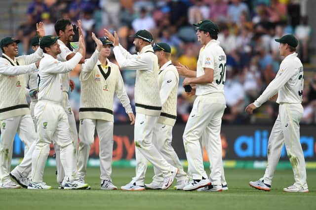 Australia's Nathan Lyon celebrates with team mates after catching out England's Ben Stokes during day two of the fifth Ashes test at the Blundstone Arena, Hobart. Picture: PA Wire.