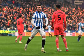 Danel Sinani celebrates after putting Huddersfield in front against Swansea. Picture: Bruce Rollinson.