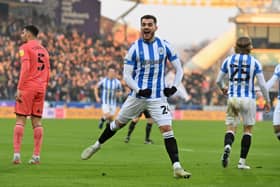 Huddersfield Town's Danel Sinani celebrates his goal. Picture Bruce Rollinson