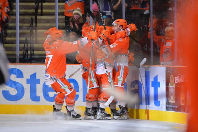 Sheffield Steelers celebrate against Flames. Picture: Dean Woolley