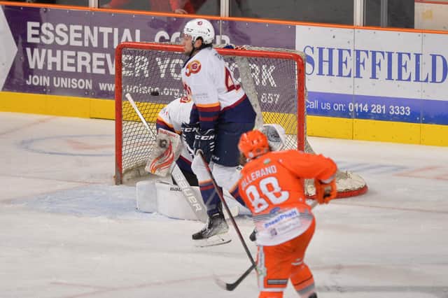 Marco-Olivier Vallerand scores for Sheffield Steelers. Picture: Dean Woolley