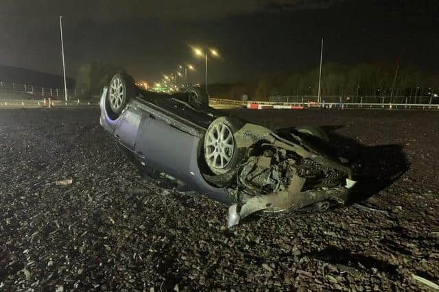 Three people were arrested after this shocking car crash last night on the Dearne Valley Parkway – which stopped police reaching a Sheffield burglary.