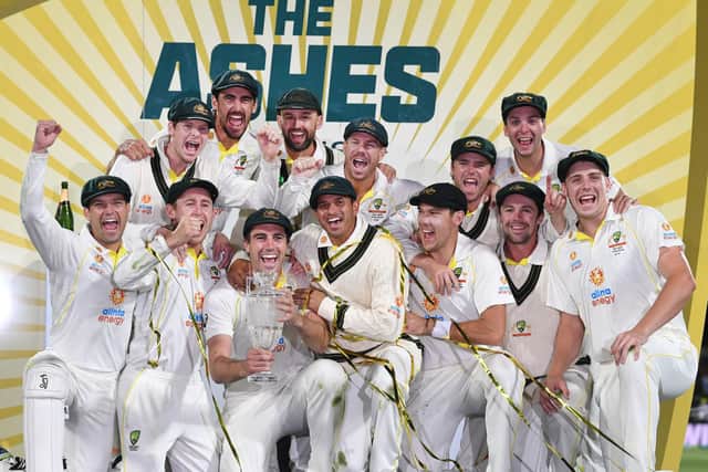 Australia celebrate winning the Ashes series 4-0 after winning the fifth Ashes test at the Blundstone Arena, Hobart. Picture: PA.