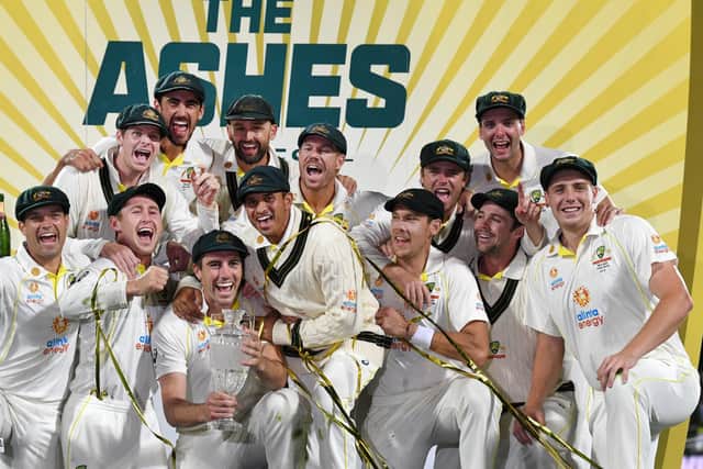 Four-midable: Australia celebrate winning the Ashes series 4-0 after winning the fifth Ashes test at the Blundstone Arena, Hobart. Picture: Darren England via AAP/PA Wire.
