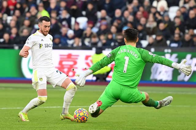 Jack Harrison of Leeds United scores their team's third goal. (Photo by Mike Hewitt/Getty Images)