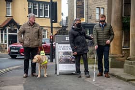 Guide dog user, Stuart Ross, and Maqsood Sheikh, RNIB's Regional Campaigns Officer for Yorkshire and Humber were joined by Robbie Moore, Keighley and Ilkley MP. Mark Bickerdike Photography