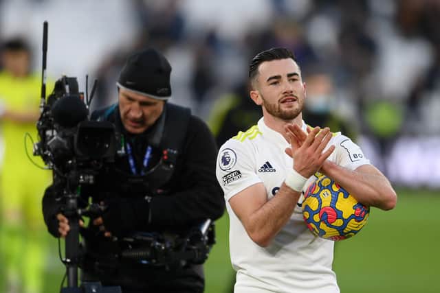 Jack Harrison of Leeds United applauds fans with his match ball. (Photo by Mike Hewitt/Getty Images)