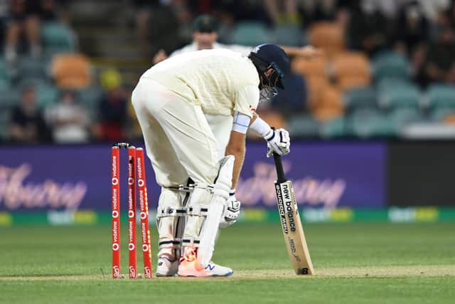 Over and out: Yorkshire and England's Joe Root reacts after being clean bowled by Australia's Scott Boland during the Hobart defeat. Picture: Darren England via AAP/PA Wire.