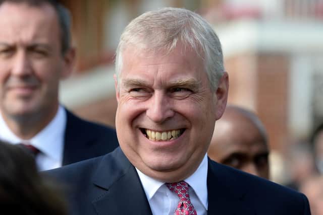 The Duke of York laughs as he visits the parade ring during day one of the 2016 Welcome to Yorkshire Ebor Festival at York Racecourse.