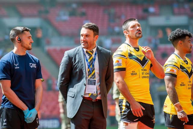 AMBITION: James Ford, centre, stands at Wembley with his York City Knights team ahead of last season’s 1895 Cup Final with Featherstone Rovers, one of the teams he believes will be a front-runner to earn promotion to Super League this season. Picture: Allan McKenzie/SWpix.com