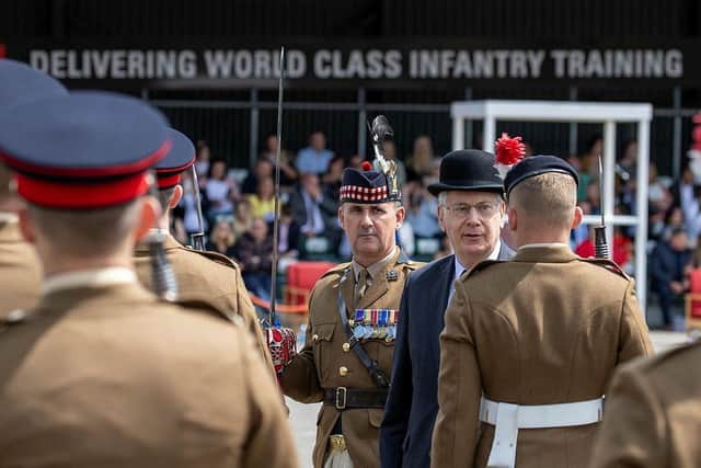 The HRH The Duke of Gloucester speaks to the soldiers of A Company during their pass off parade at Catterick Garrison  Copyright: UK MOD