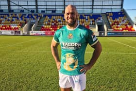 Keighley Cougars' Jake Webster with the club's new 2022 shirt.