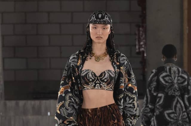 SPRING 22 FIRST LOOK: This bra is meant to be seen - London Fashion Week SS22 show by Yorkshire Dales born designer Edward Crutchley. ©Chris Yates/ Chris Yates Media