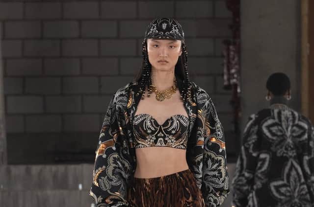 SPRING 22 FIRST LOOK: This bra is meant to be seen - London Fashion Week SS22 show by Yorkshire Dales born designer Edward Crutchley.  ©Chris Yates/ Chris Yates Media