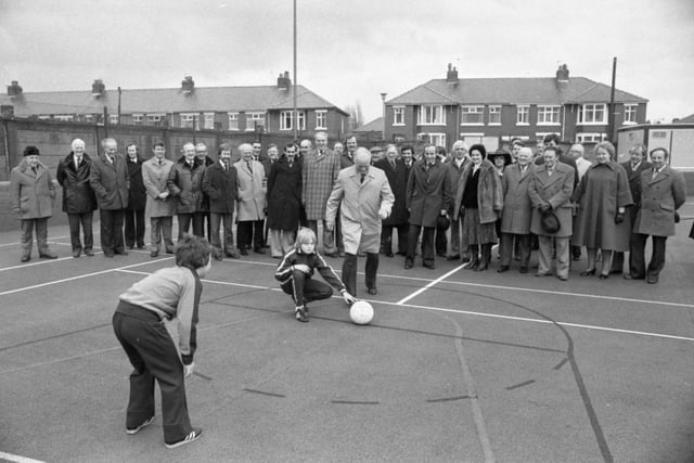The new community sports complex in Lowthorpe Road was "kicked" open by Preston North End president Tom Finney when he "scored" from the penalty spot on the five-a-side football pitch. The complex was formerly a North End training ground. Pictured: Ten-year-old Brian Farish in goal and 13-year-old Howard O'Donnell, two of Preston North End's ball boys, fail to prevent Tom Finney from scoring