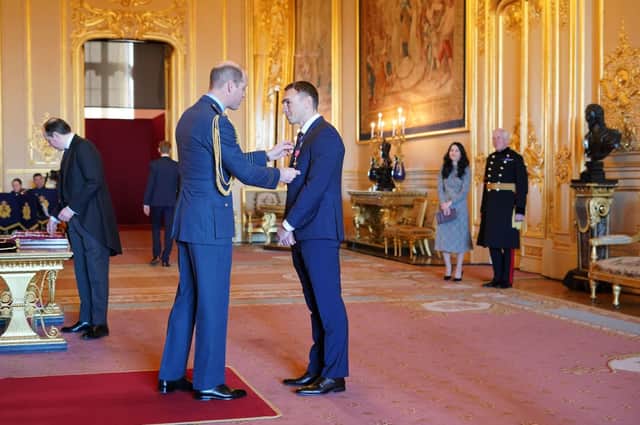 Kevin Sinfield is made an OBE (Officer of the Order of the British Empire) by the Duke of Cambridge during an investiture ceremony at Windsor Castle earlier this month.