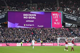No goal: The big screen shows the VAR decision to disallow a Leeds United goal for offside during the Premier League match at West Ham last weekend. (Picture: Mike Hewitt/Getty Images)