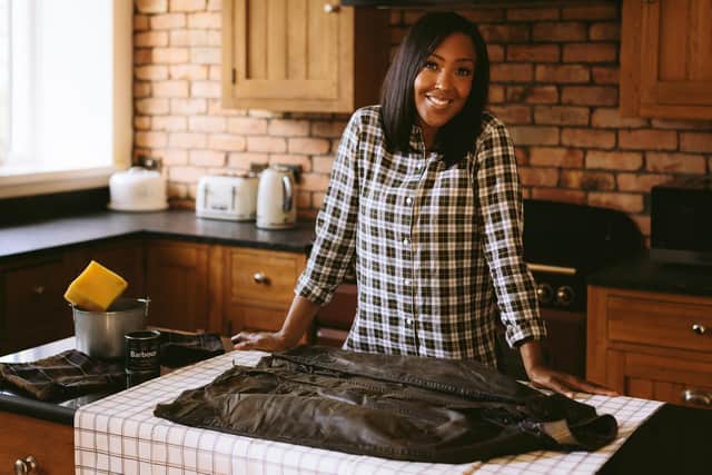 TV presenter Angelica Bell shows how how re-wax a Barbour jacket at home using a tin of wax dressing sold by the brand.