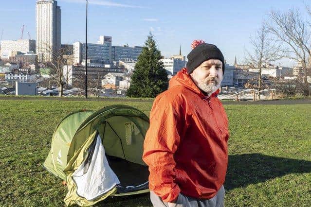 Former homeless man Chris Royston at the stteel steps behind Sheffield train station where he used to camp. (Picture Scott Merrylees)