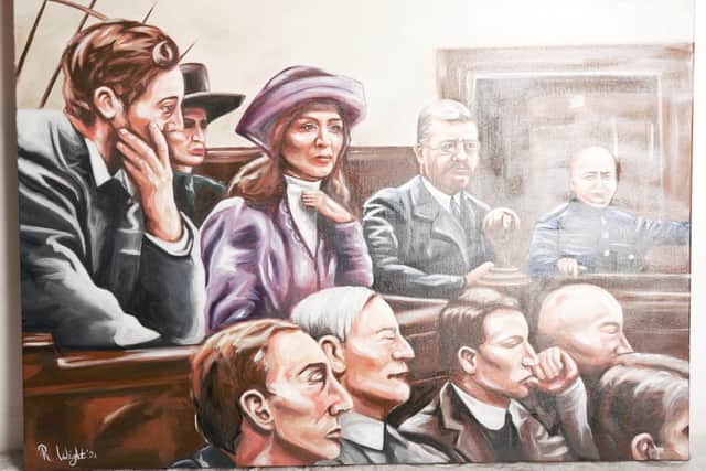 Changing the Record exhibition, Doncaster. Painting of Lilian Lenton in the dock by Rebecca Wright.