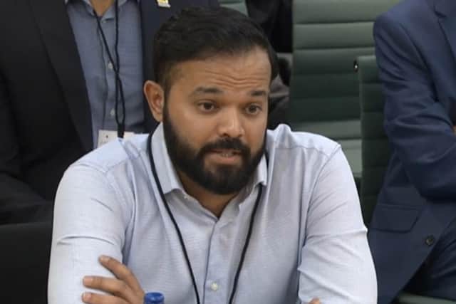 Azeem Rafiq giving evidence at the inquiry into racism he suffered at Yorkshire County Cricket Club, at the Digital, Culture, Media and Sport (DCMS) (Picture: PA)
