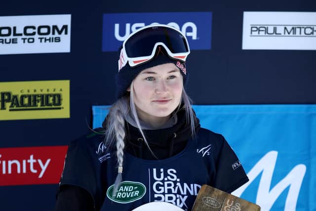 Katie Ormerod of Great Britain stands on the podium after coming in third place in the Women's Snowboard Slopestyle Finals at the 2020 U.S. Grand Prix at Mammoth Mountain on February 01, 2020 in Mammoth, California.  Ormerod came in third place.  (Picture: Ezra Shaw/Getty Images)