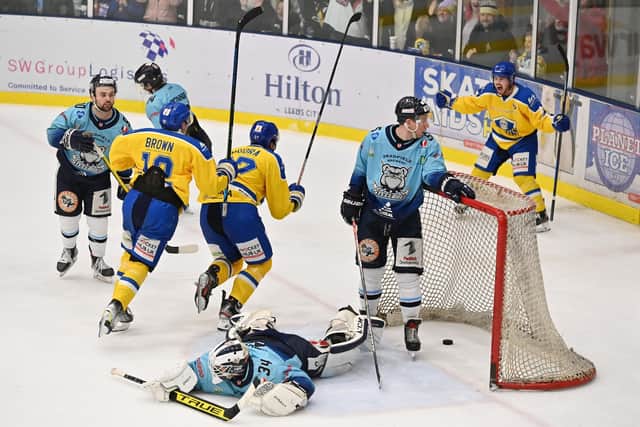 Cole Shudra wins it late for Leeds Knights against Sheffield Steeldogs. 
Picture: Bruce Rollinson