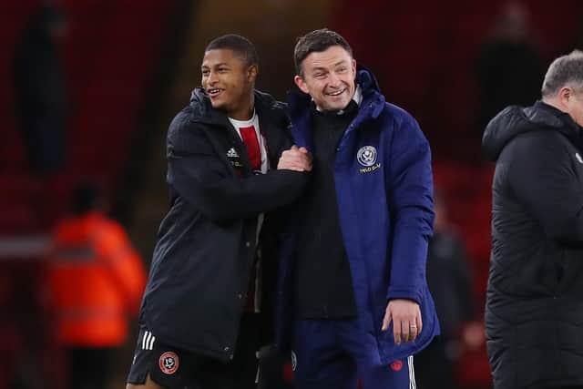 Sheffield United's Rhian Brewster and Paul Heckingbottom share a smile. Picture: Simon Bellis / Sportimage