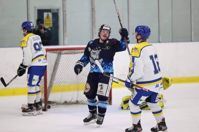 Lee Bonner celebrates during his hat-trick performance in the 3-2 win over Leeds Knights Picture courtesy of Peter Best Photography.