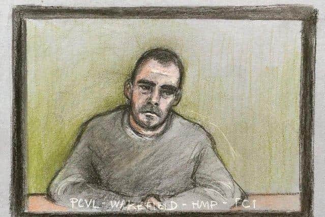 A sketch of Damien Bendall at a previous court hearing (Pic: Elizabeth Cook/PA Wire)