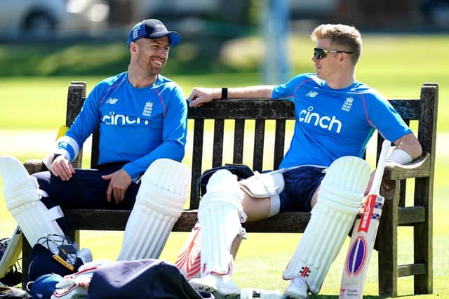 England's Jack Leach (left) and Sam Billings during a nets session. Picture: Mike Egerton/PA