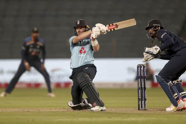 England's Sam Billings bats against India in an ODI in Pune, India in March 2021. Picture: AP Photo/Rafiq Maqbool