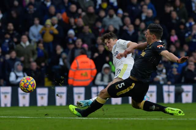 Leeds United's Dan James fires in his first-half effott past Newcastle United's Fabian Schar.   Picture: Jonathan Gawthorpe