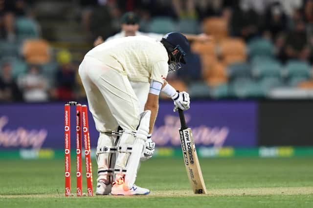 England's Joe Root reacts after being clean bowled by Australia's Scott Boland during day three of the fifth Ashes test at the Blundstone Arena, Hobart. (Picture: AP)