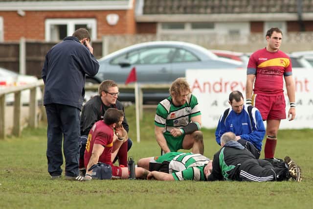 Alex Bennett on the pitch following his injury at Sandal. The care he received in those minutes proved crucial.