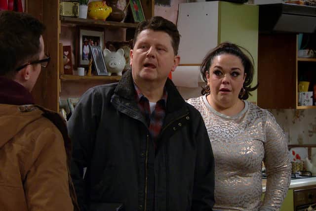 Reece Dinsdale (Paul Ashdale) with Lisa Riley (Mandy Dingle) in an episode of Emmerdale
Picture: ITV Pictures