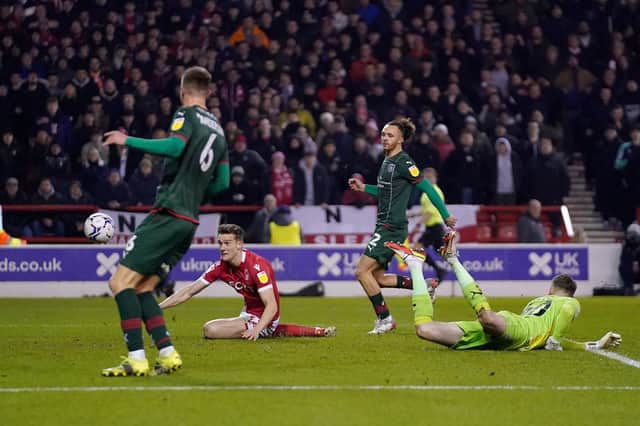 Too easy: Barnsley’s defence looks all at sea as Nottingham Forest’s Ryan Yates scores the hosts’ second goal in the 3-0 victory at the City Ground. Picture: Tim Goode/PA Wire