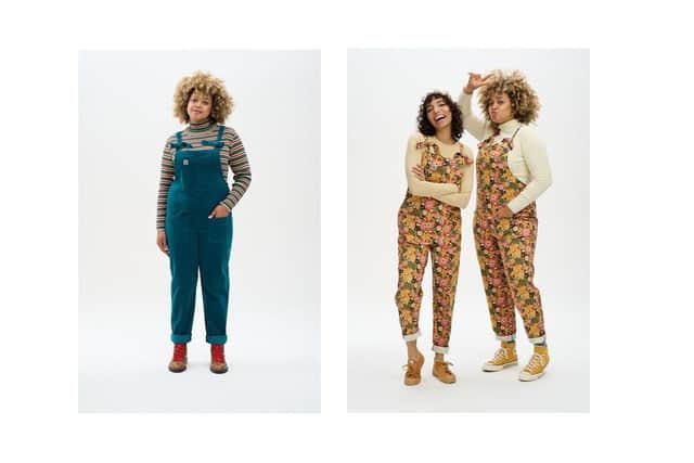Left: Organic cotton corduroy dungarees, £55, and right, LE Original organic twill print dungarees, £60, all by Lucy & Yak at LucyandYak.com.