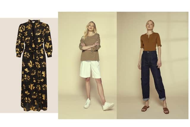 From left: Evalina foil print dress in sustainable viscose, £75 at Monsoon. Christina Breton top £49, Polly shorts £79, by People Tree at Bias Harrogate and PeopleTree.co.uk Judith top £85, and Cargo jeans, £109, by People Tree at Bias Harrogate and PeopleTree.co.uk.