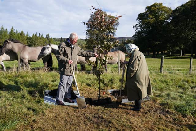 The Queen and Prince of Wales with a tree they planted at the Balmoral Cricket Pavilion to mark the start of the official planting season for the Queen's Green Canopy (QGC) in honour of the Platinum Jubilee.