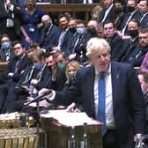 Boris Johnson at Prime Minister's Questions on a day of farce at Parliament over the release of the Sue Gray report into Downing Street's rulebreaking in lockdown.
